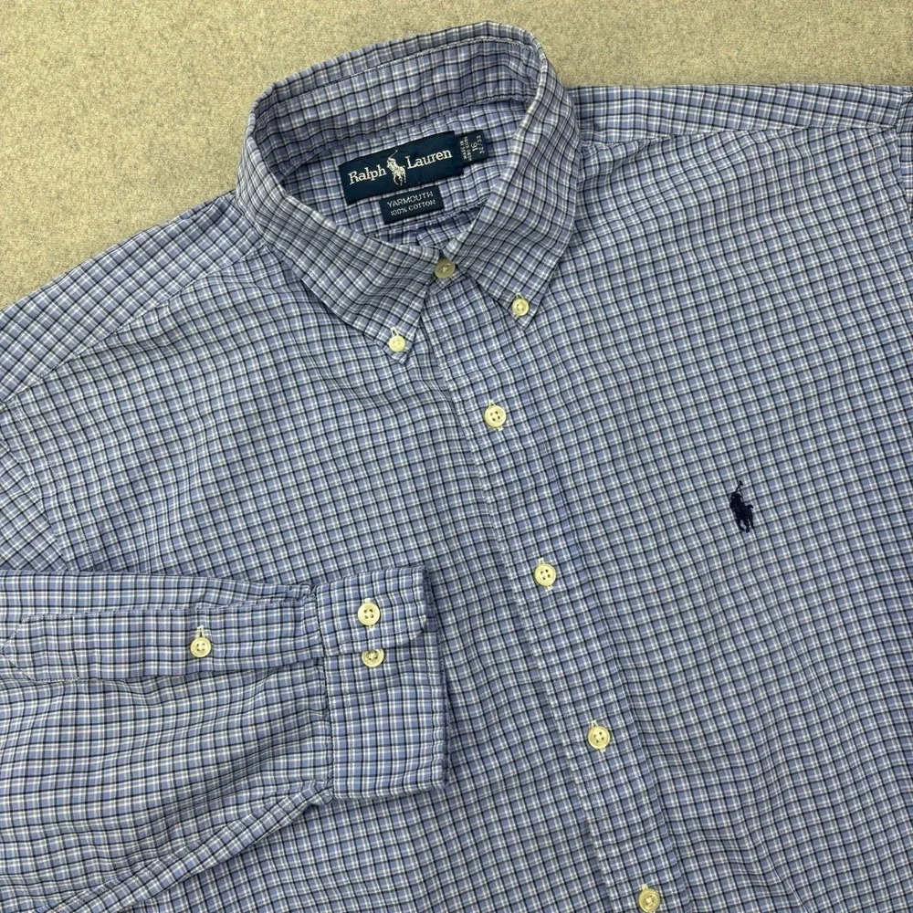 Vintage Y2K Polo Ralph Lauren Yarmouth Shirt Mens 16 32/33 (L) Blue Plaid Preppy